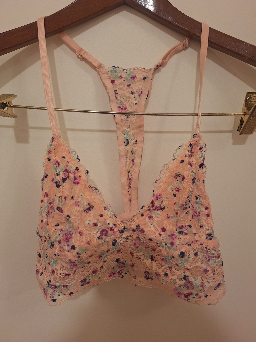 Secret Possessions Peach Floral Lace Bralette with Multicolor Embroidery